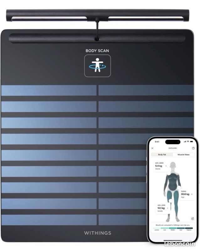 Balance Withings Body Scan, BIA Segmentaire, ECG, Wifi & Bluetooth, Noir ECG 6 canaux avec détection de FA, analyse segmentaire, âge vasculaire, Wifi & Bluetooth, iOS & Google Health TBE (image 3)