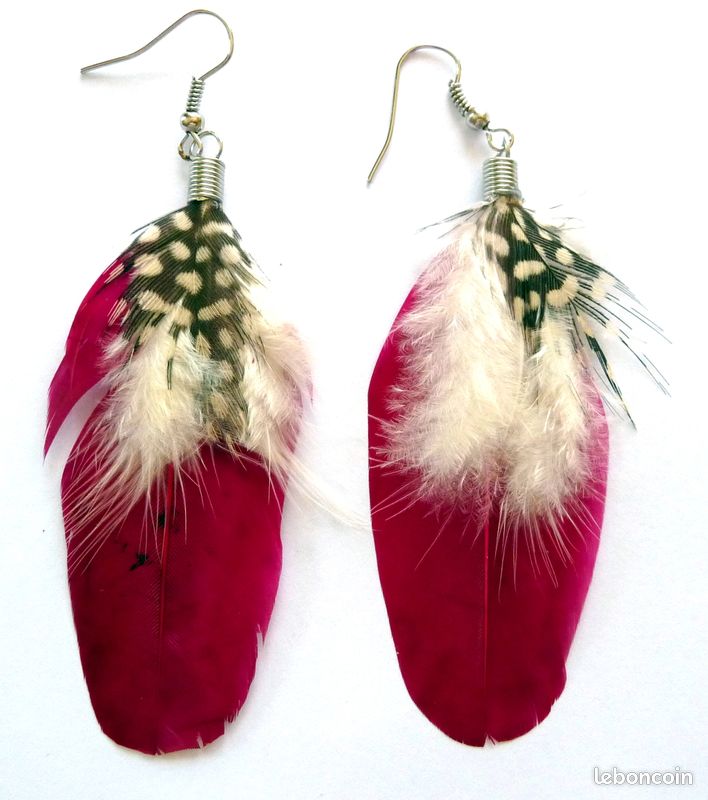 Boucles D'oreilles Plume apache rose fuschia Artisanat Amérindien (image 2)