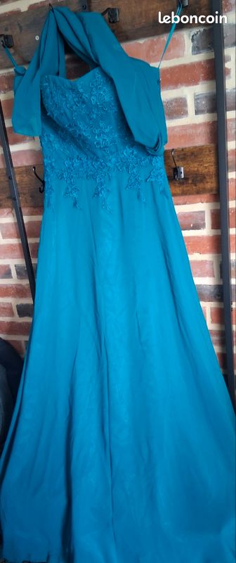 Robe de soirée JUJU & CHRISTINE Bleu Paon Dentelle + Châle - Taille M 38/40 (image 4)