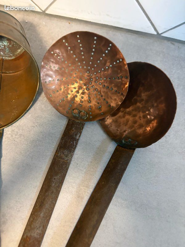 Lot Ancien 3 Petites Passoires En Cuivre Avec Anses Laiton - Ustensiles Déco