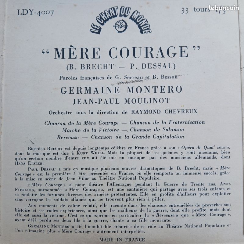 Vinyl EP "Mère Courage" de Brecht et Dessau chanté par Germaine Monteiro, le chant du monde 1952 (image 5)