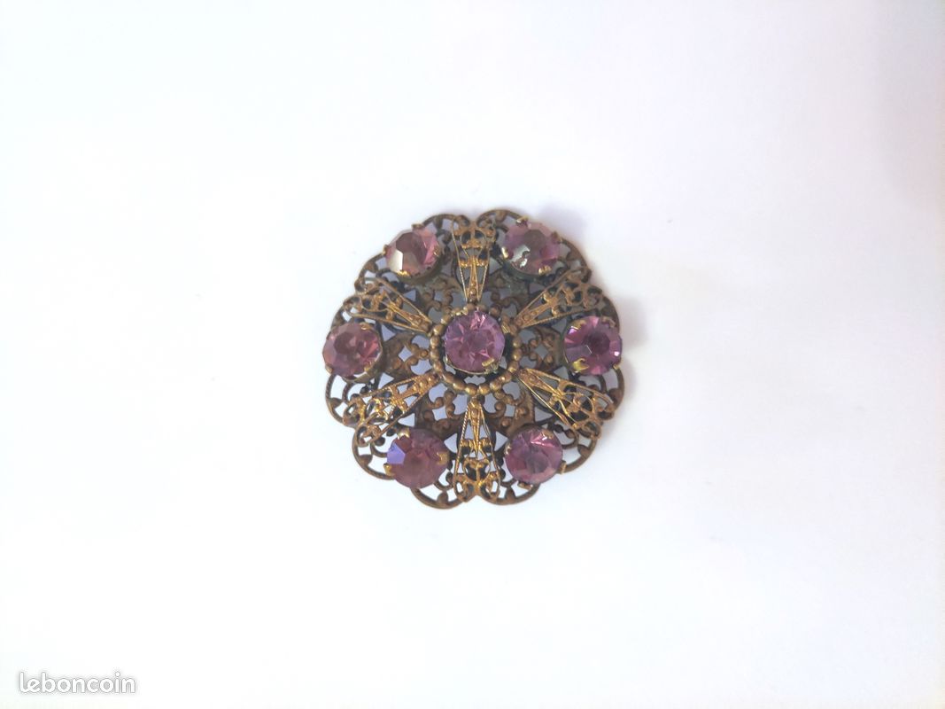 Ancienne Broche Fantaisie En Céramique Et Laiton – Vintage 1930 (bon état)