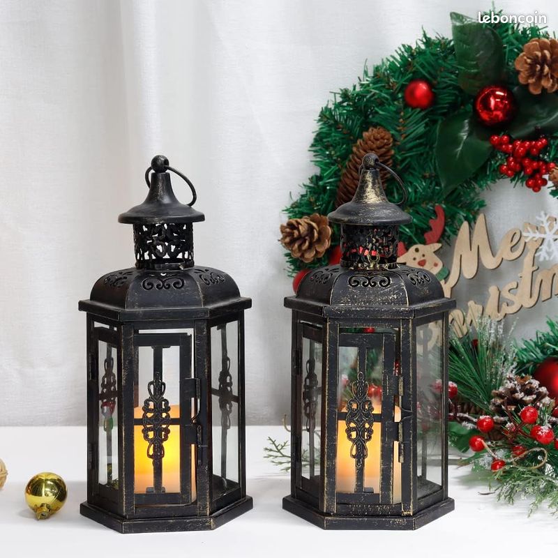 JHY DESIGN Set de 2 lanternes décoratives-25cm Haute Lanterne Suspendue de Style Vintage, bougeoir en métal pour intérieur extérieur, événements, fêtes et Mariages (Noir avec Pinceau doré) (image 1)