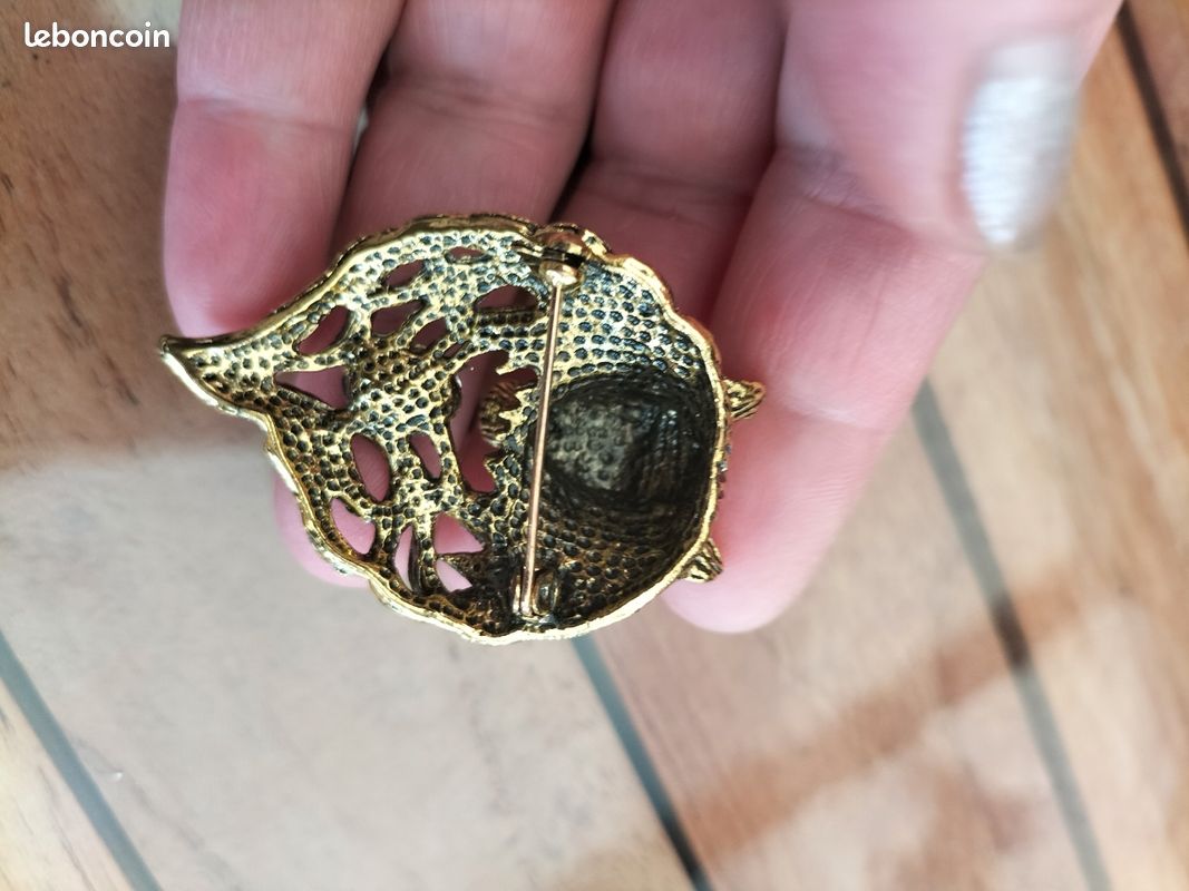 Broche Ancienne Vintage Masque De Loup Résine Bleu Et Or - Bijou Original Occasion Parfait