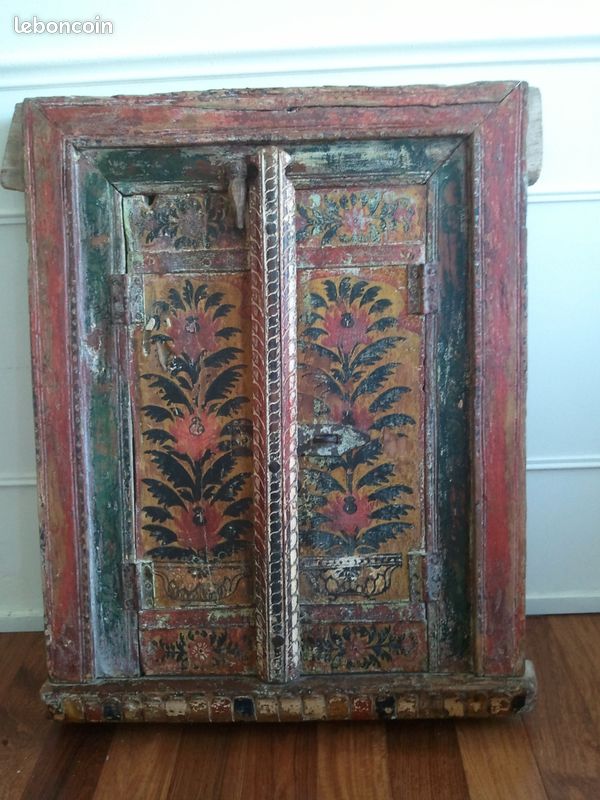 Ancien Volet / Cadre De Fenêtre En Bois Peint Main - Inde - 62x47 Cm