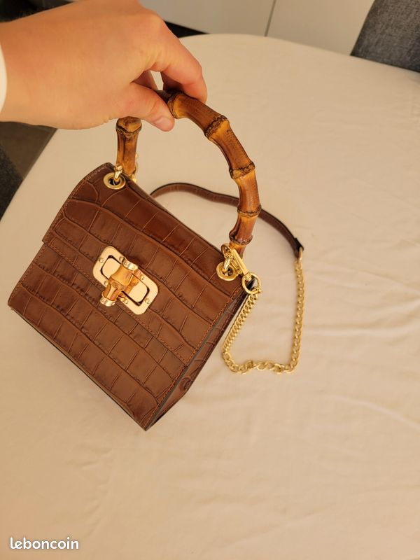 Sac à Main Brighton Occasion - Fermoir Magnétique - Couleur Marron Crocodile Et Cuir Noir - Taille Moyenne