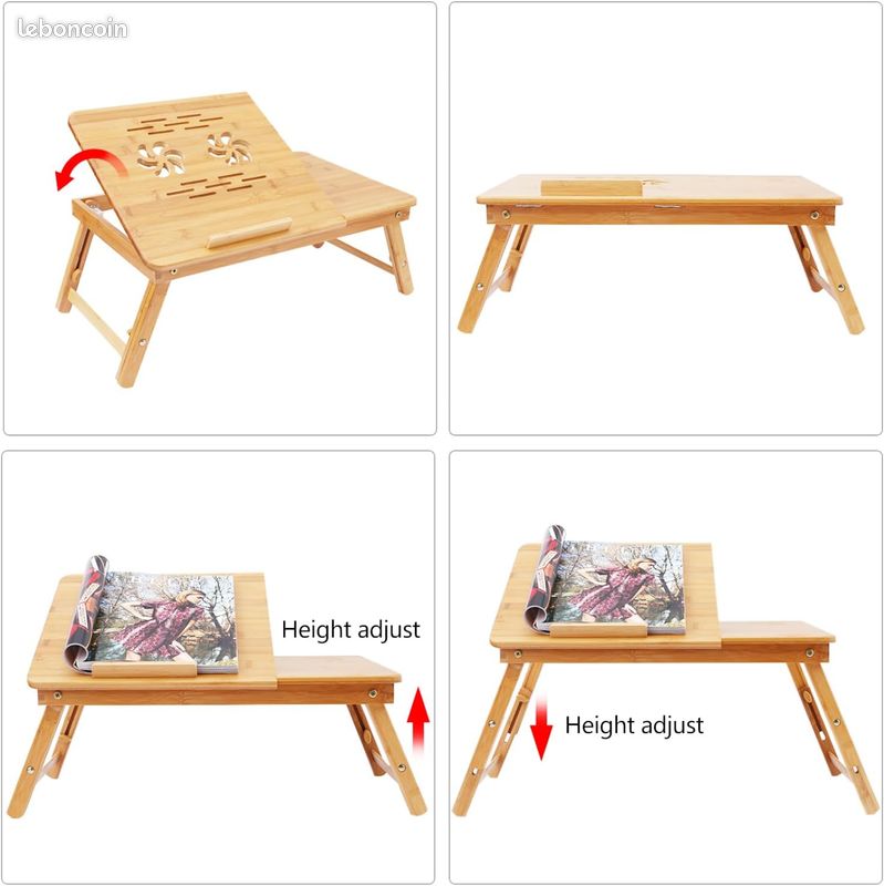 BATHWA Table d'ordinateur portable Table de lit Lapdesks pour lecture ou petit-déjeuner et table à dessin Ordinateurs portables réglables en hauteur Pliable 55 x 35 x 29 cm (image 3)