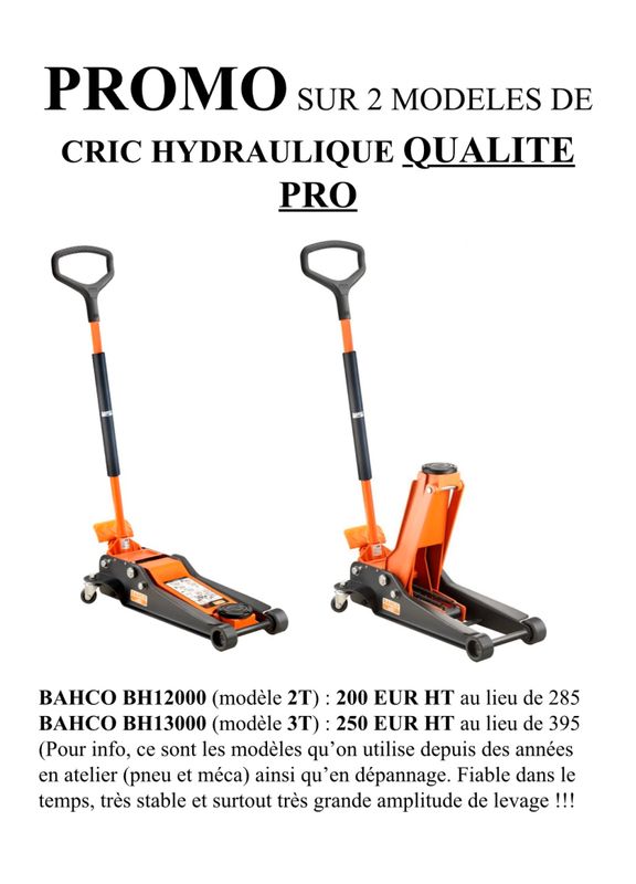 Cric hydraulique BAHCO 2 et 3T qualité pro réf BH12000 et BH13000 -  Équipement auto