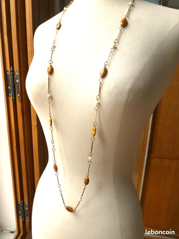 Collier Sautoir Vintage En Perles De Verre Argenté - Occasion, Style Rétro
