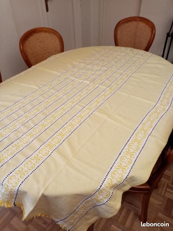 Ancienne Nappe Carrée Basque - Coton Damassé - 1m30 - Liteaux Rouge, Vert, Jaune