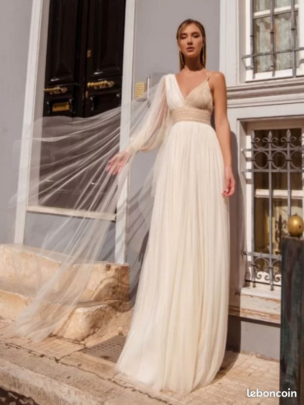 Robe De Mariée Bohème Créateur - Taille S - Mousseline De Soie Blanche - Neuve Sans étiquette