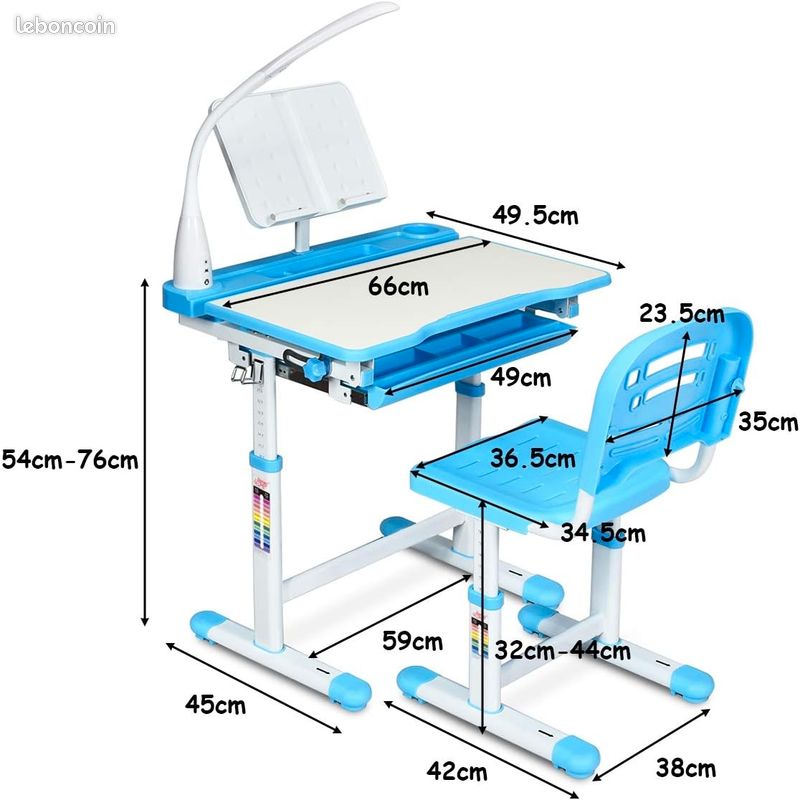 Bureau enfant ergonomique réglable + chaise – Très bon état – Sans lampe (image 1)