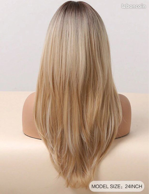 Perruque Longue Synthétique Blonde Platine - Racine Foncée, Frange Lisse - Taille M