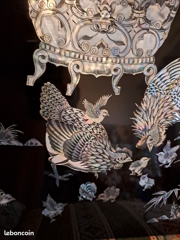 Grand panneau de Laque Marquetés Instration De Nacre. 80 cm X 40 cm. Poule et coq. Chine (image 8)