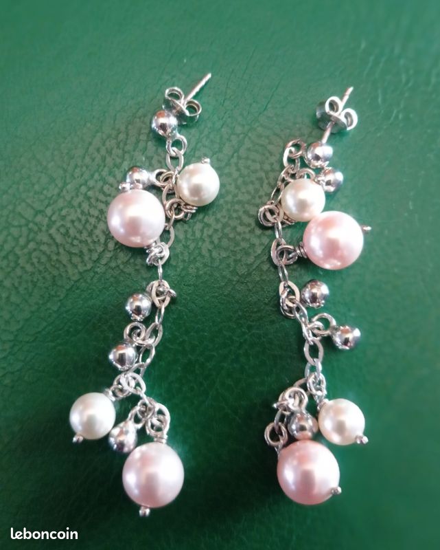 Parure perles de culture (collier BO bague 52) forme originale vintage état neuf (image 5)