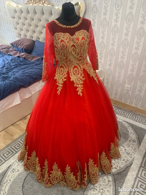 Robe De Soiree Rouge Doré Brodé Longue Robe De Soirée Sirène