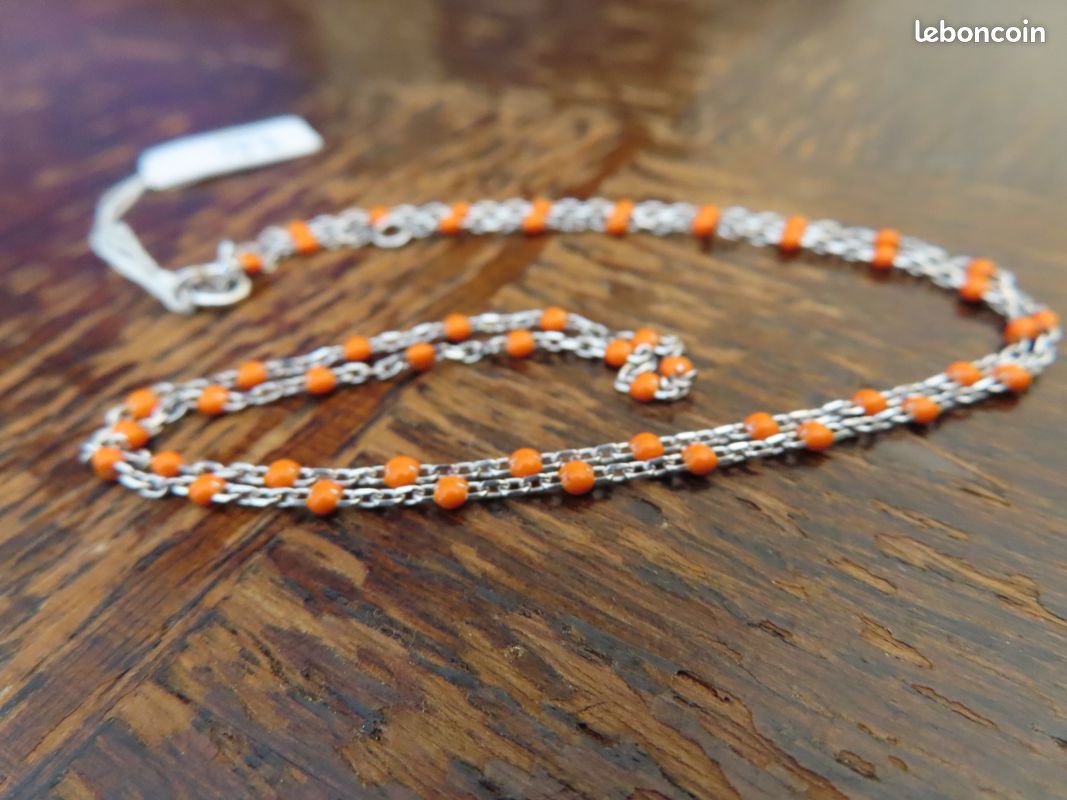 Collier Vintage Perles Orange Et Tubes Argent - Pierres Naturelles - Parfait état