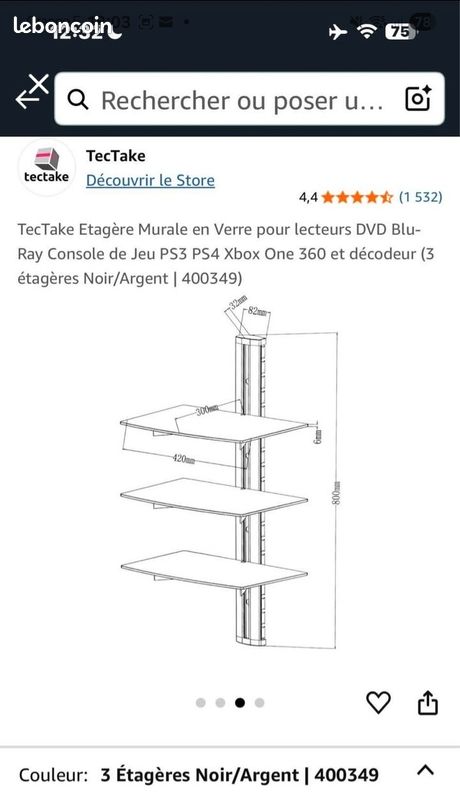 TecTake Etagère Murale en Verre pour lecteurs DVD Blu-Ray Console de Jeu décodeur (3 étagères Noir (image 3)