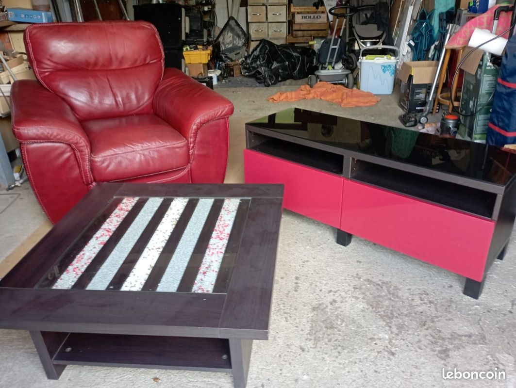 Lot table basse, meuble TV, fauteuil cuir (image 1)