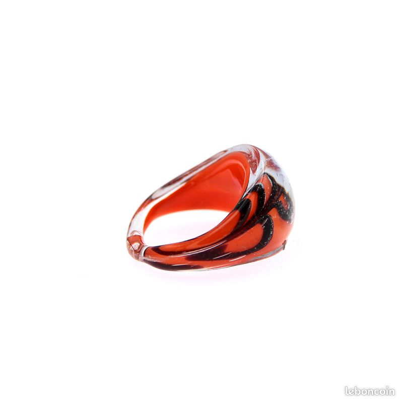 Bague Ancienne En Verre Soufflé Ruban - Taille 55 - Rose Et Rouge - Occasion Très Bon état