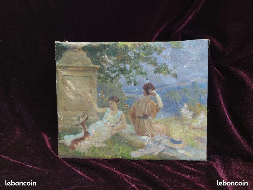 Petit Tableau Ancien Peinture Huile HST Ecole de Barbizon Paysage Campagne Scene de Genre Elegante Art Nouveau Belle Epoque Annee Folle Esquisse Pochade Chevre Chien Animal Animaux XIX 19 XX 20 (image 2)
