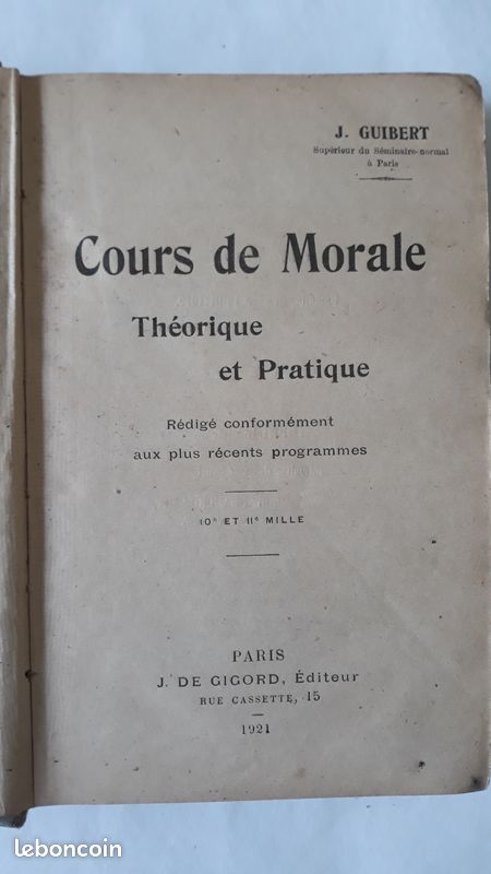 Livre Cours de morale théorique et pratique 1921 - J. GUIBERT (image 2)