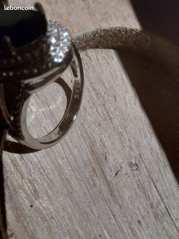 Bague Argent Massif Avec Onyx Et Brillants - Taille 59 - Occasion De Qualité