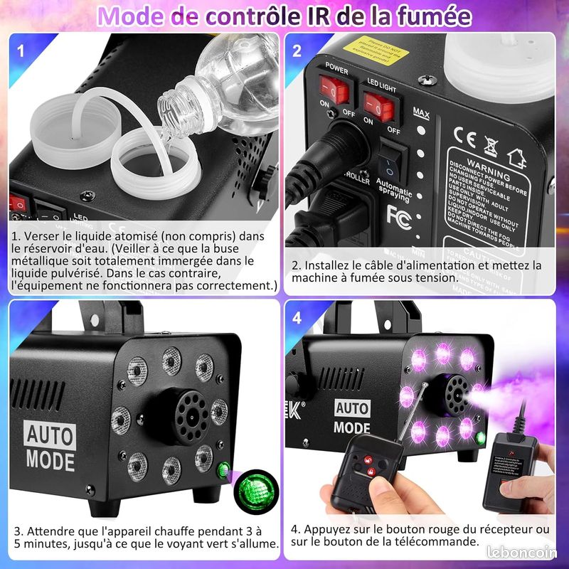 Machine à Fumée Avec Télécommande Sans Fil Et Lumières LED – Machine à Brouillard De 500 W Pour Fêtes D'Halloween Et Scènes Avec 3 Modes D'éclairage Et 12 Options De Couleur