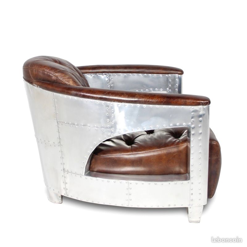 Fauteuil Aviateur cuir Noir vintage et Aluminium Riveté "Byrd" (image 1)