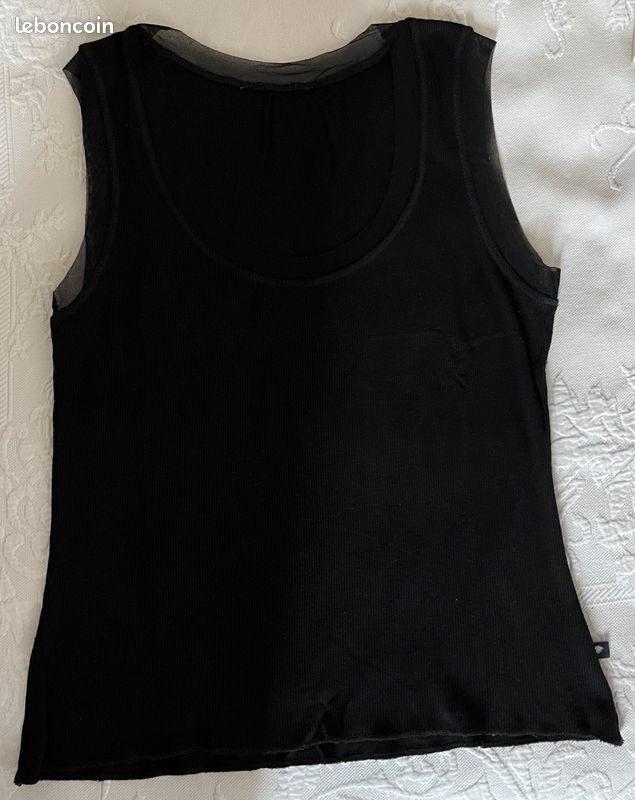 T-shirt raffiné, noir mat finement cotelé et parements en voile (image 5)