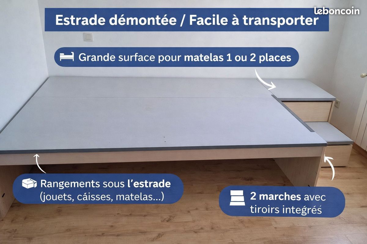 Lit estrade avec rangements intégré + escalier – idéal gain de place (image 2)