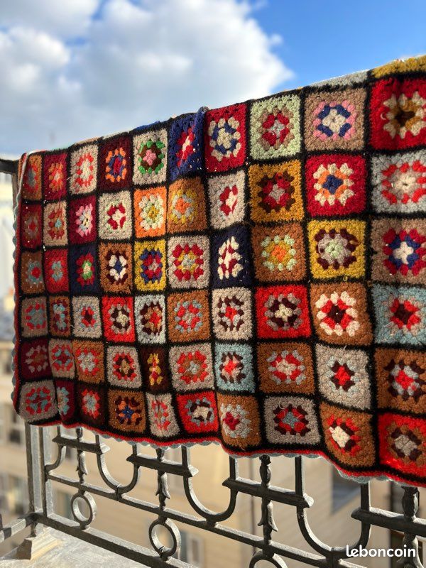 PLAID COUVERTURE COUVRE LIT CROCHET LAINE VINTAGE PATCHWORK FAIT MAIN