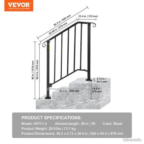 Rampe D'Escalier Extérieure 3 Marches – Main Courante Fer Forgé Blanc – Hauteur Max 52,5 Cm – Porche, Jardin, Béton, Brique