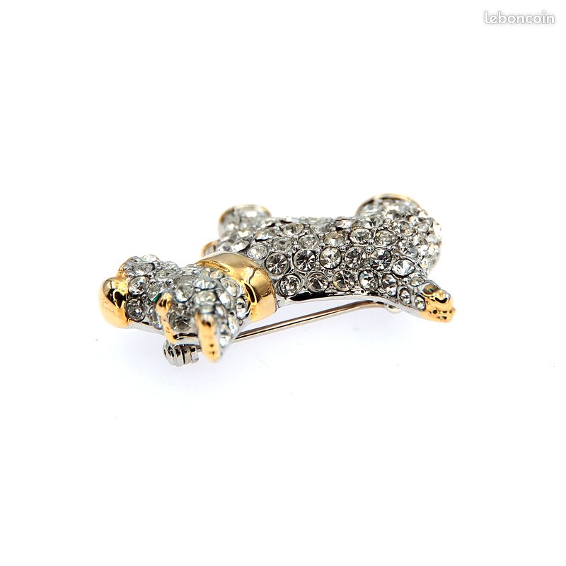 Broche Vintage Chien Strass – Métal Doré/Argenté, Style Agatha Chipie Années 80 – Occasion