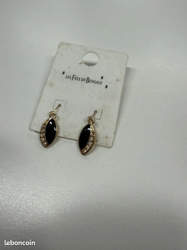 Boucles D'Oreilles 2 Cercles Noirs Doré à Strass - Alliage - Neuf Avec Étiquettes