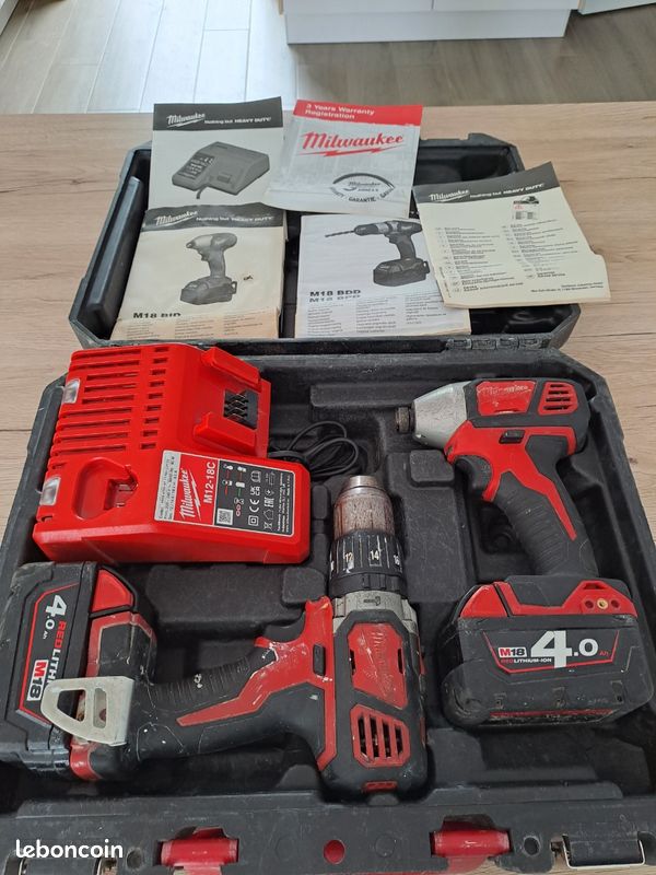 Pack Milwaukee M18 complet - Perceuse M18 BPD + Visseuse choc M18 BID + 2 Batteries 4.0Ah (image 1)
