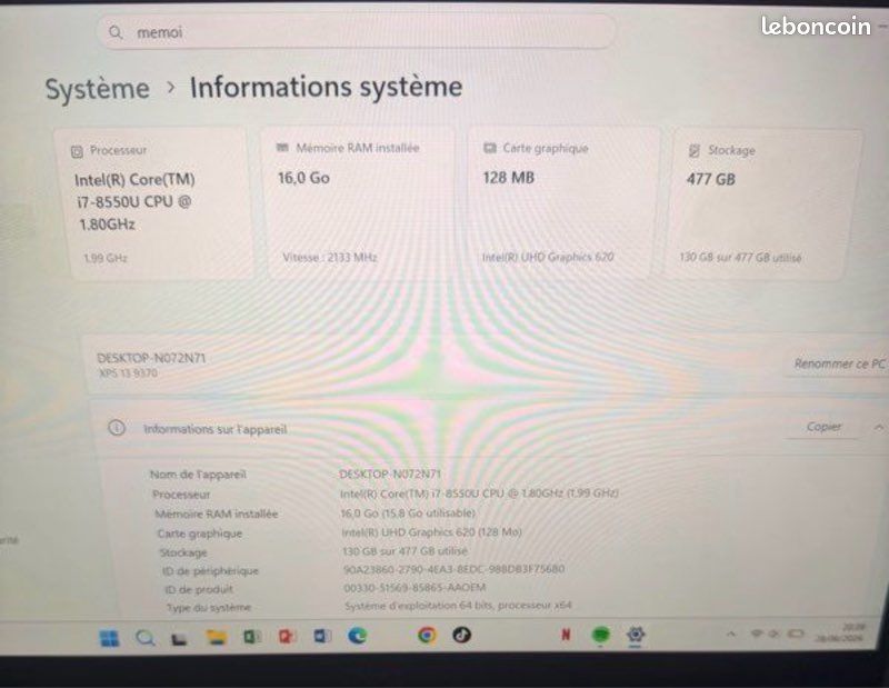 PC portable Dell XPS 13 9370 Intel Core i7 - Type de produit : PC portable - Marque : Dell - Modèle : XPS 13 9370 - Processeur : Intel Core i7 - 16Go de Ram - 512 Go SSD (image 1)