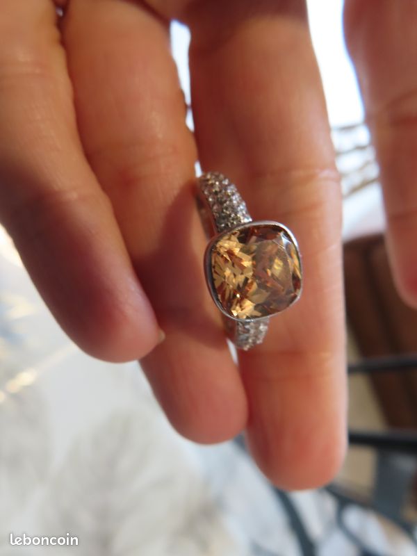 Bague Argent Ancien Avec Topaze Et Zirconium - Style Dôme, Taille 57, Vermeil