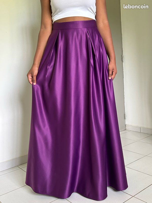 Jupe Longue en Satin De Soie Violet Uni pour Femmes, Taille Haute, Jupe D'Été Élégante pour Dames De Bureau, Jupes Mi-Longues (Rouge Petit), Printemps