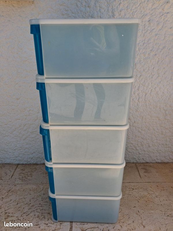 Tour tiroirs empilables rangement plastique bleu et blanc TBE (image 3)