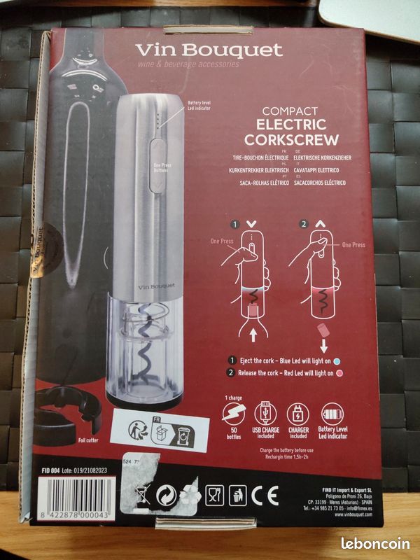 Tire-Bouchon Électrique VIN BOUQUET FID 186 - Acier Manganèse Et ABS Avec LED Et Décapsuleur
