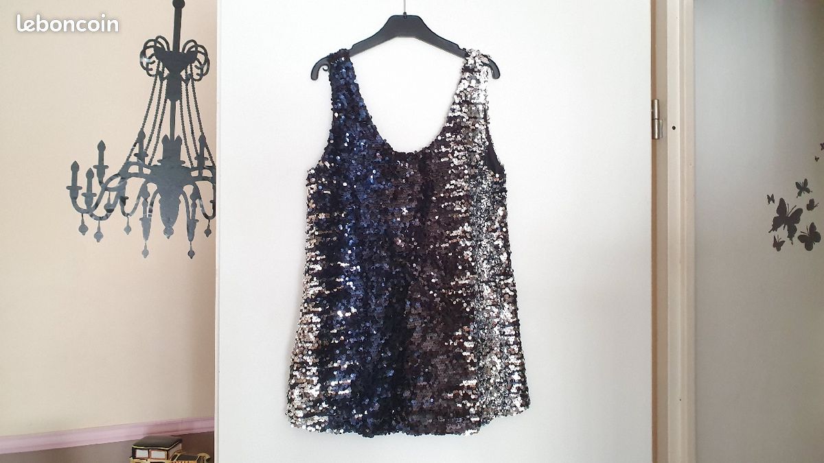Tunique top sans manches noir brillant à sequins taille 40 (image 1)