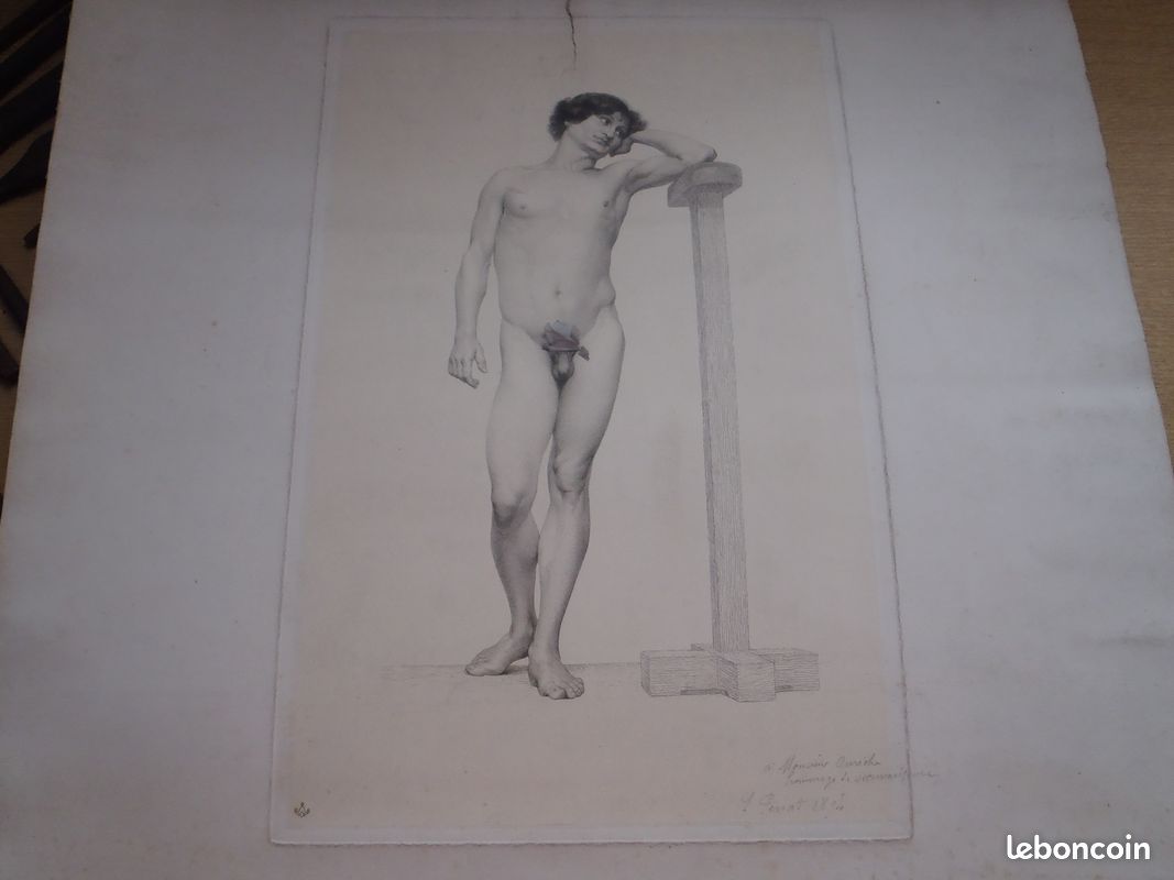 Ancienne grande gravure 1894 homme nu signee lucien penat et dedicacee FAIRE OFFRE (image 1)