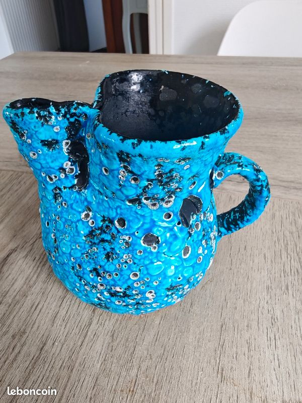 Pichet / broc vintage en céramique émaillée "Écume de mer" bleu turquoise – Années 60/70 style Vallauris / Fat Lava (image 3)