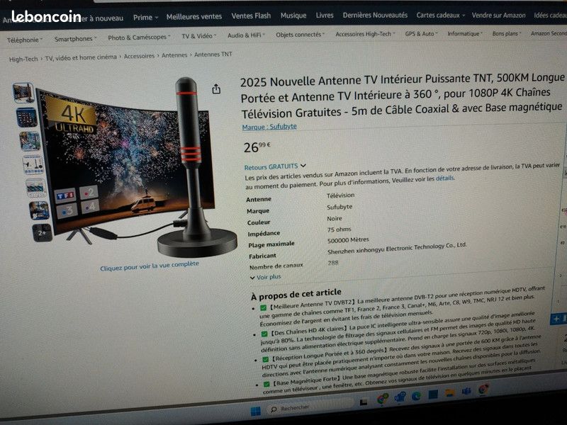 Antenne TNT Intérieure 2025 - Réception Longue Portée 500km - Base Magnétique & Amplificateur - Chaînes HD/4K Gratuites