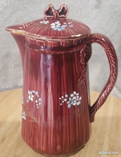 Ancien Rare Cafetière Rouge A Couvercle Barbotine Fleurs Émaillée KG LUNÉVILLE (image 7)