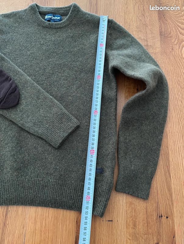 Pull Barbour Homme vert Olive 100% laine coudières marron Taille XS (image 11)