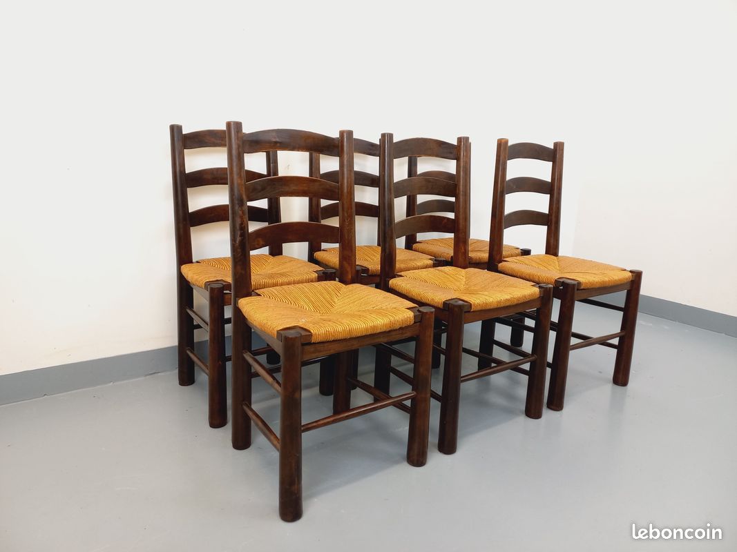 Suite de 6 chaises brutalistes vintage Georges Robert en bois et paille des années 50 60 (image 3)