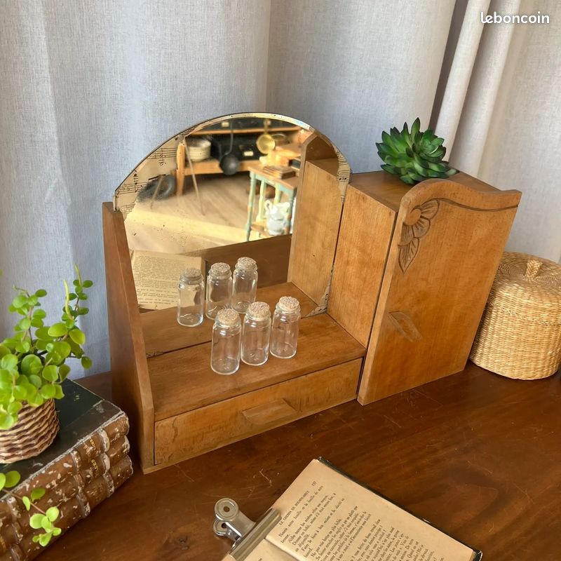 Petite Coiffeuse Ancienne Avec Miroir Biseauté Et 4 Tiroirs - Meuble Coffre Bijoux