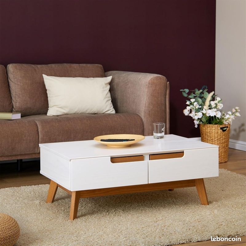Table Basse Scandinave en Pin Massif – 90 x 60 cm – Design Vintage Blanc Lasuré – 2 Tiroirs & 2 Niches Modulables (image 4)